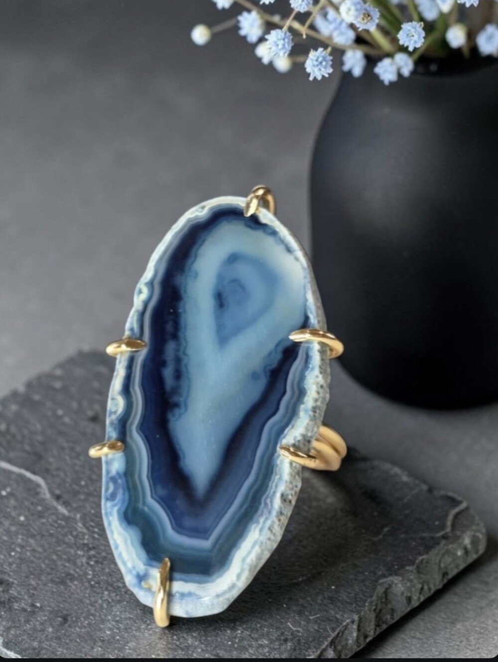 Big 18k Gold Plated Artisan 1 Of A Kind Blue Agate Geode Slice Statement Ring